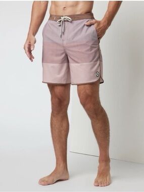 Vuori men's colorblock boardshorts in dusty rose and blush